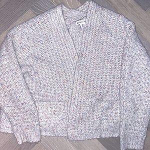 SMALL London Kaye knit cropped cardigan neutral beige rainbow spacedye speckles